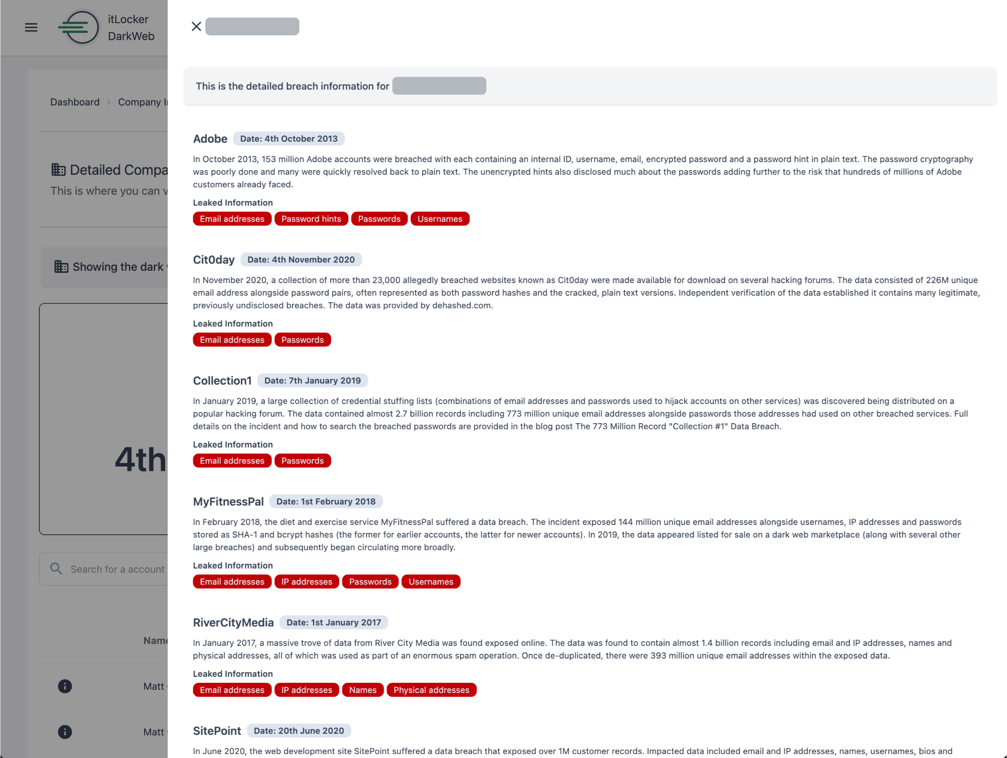 Dark Web Monitoring Monitored Account Threat Reporting